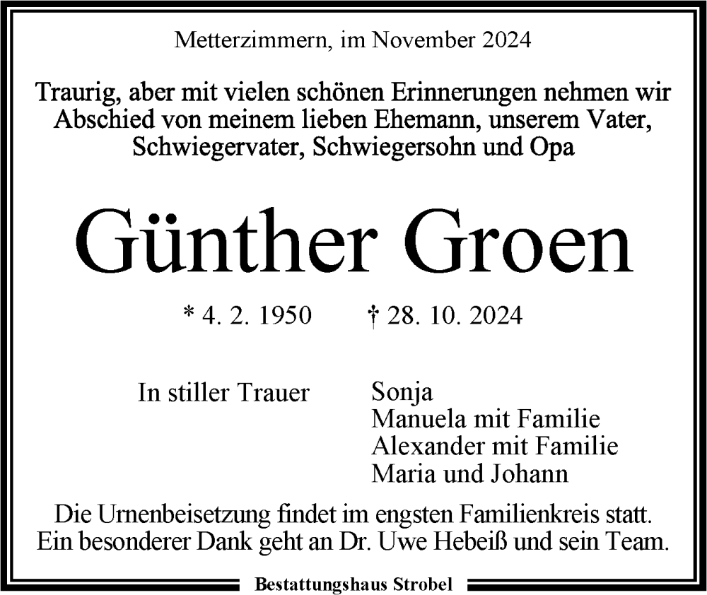  Traueranzeige für Günther Groen vom 09.11.2024 aus Bietigheimer Zeitung