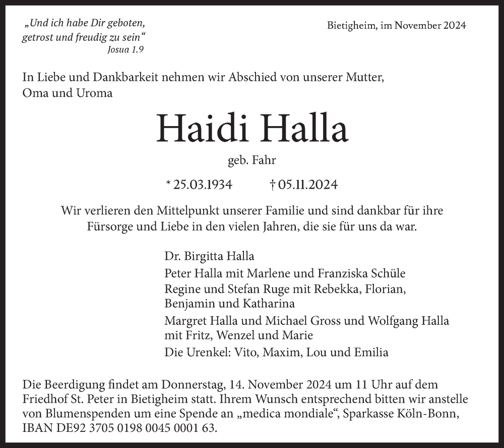  Traueranzeige für Haidi Halla vom 09.11.2024 aus Bietigheimer Zeitung