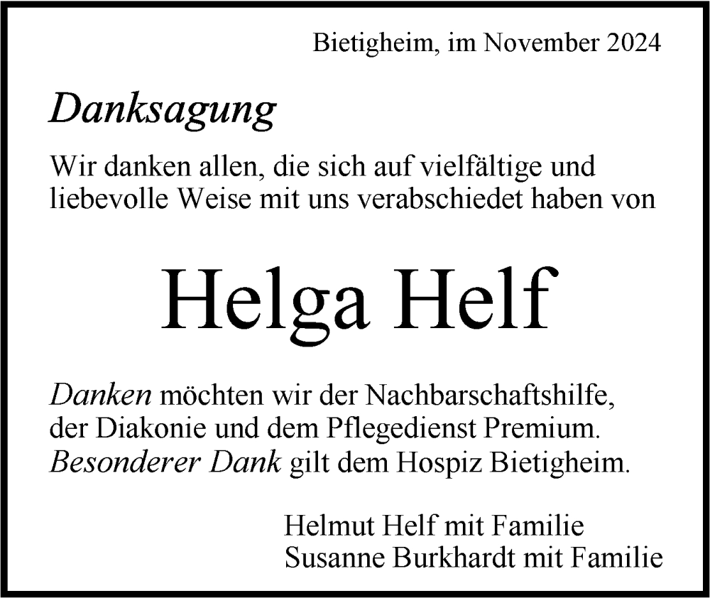  Traueranzeige für Helga Helf vom 14.11.2024 aus Bietigheimer Zeitung