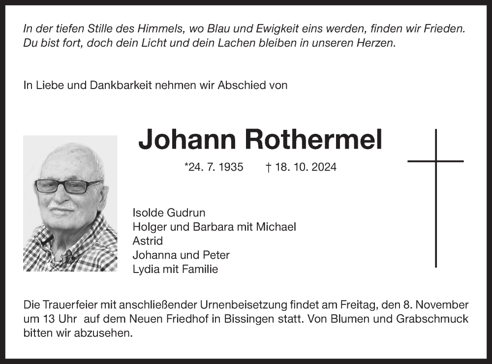  Traueranzeige für Johann Rothermel vom 05.11.2024 aus Bietigheimer Zeitung