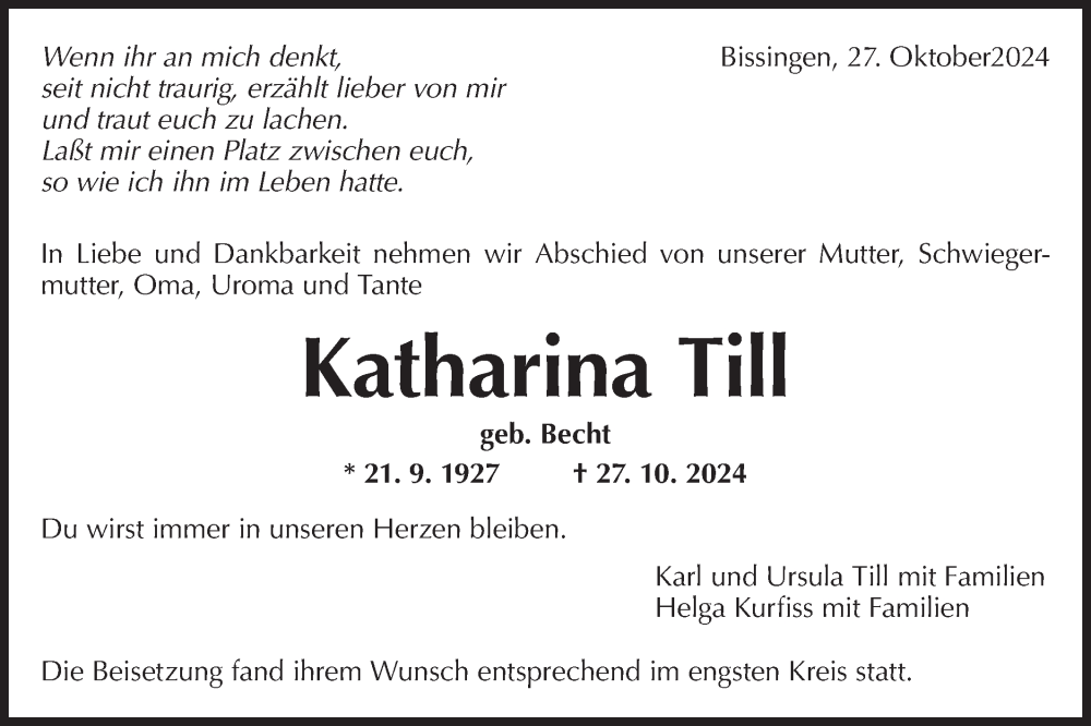  Traueranzeige für Katharina Till vom 15.11.2024 aus Bietigheimer Zeitung
