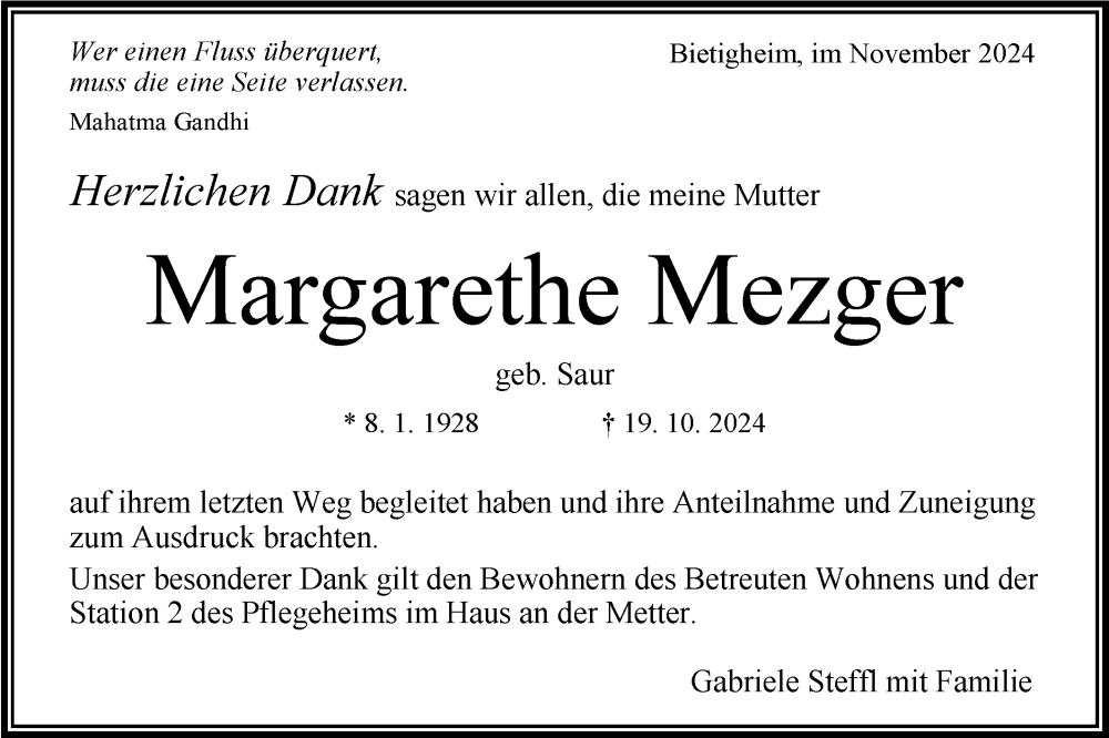  Traueranzeige für Margarethe Mezger vom 09.11.2024 aus Bietigheimer Zeitung