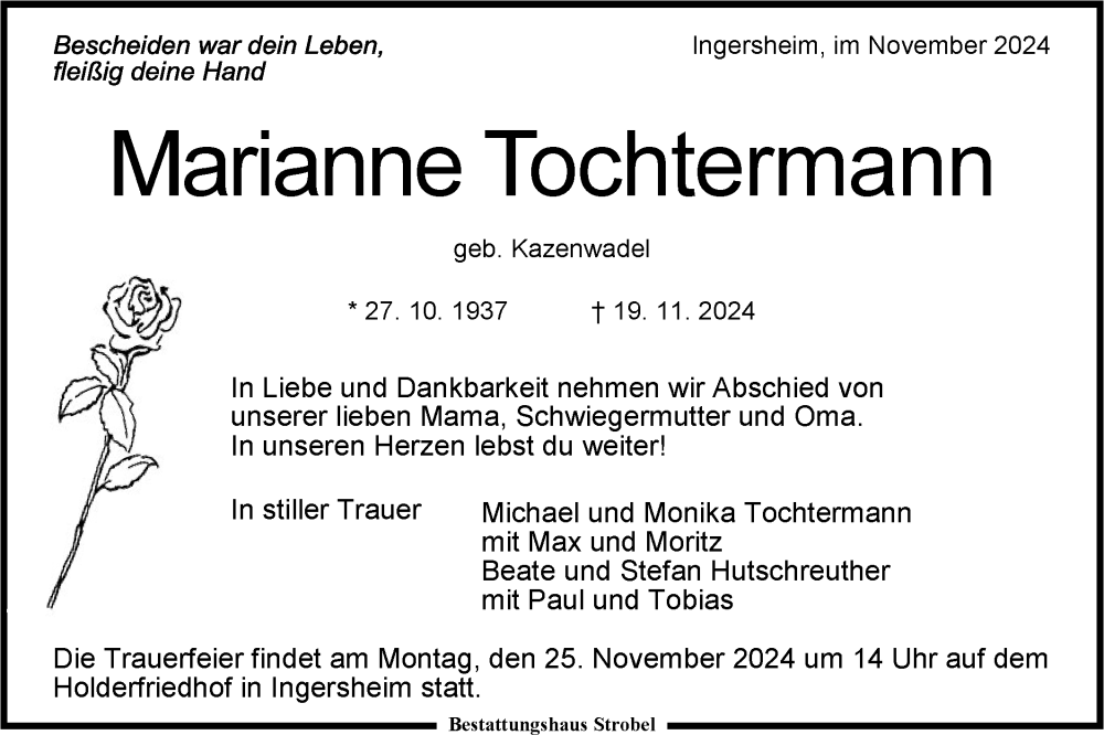  Traueranzeige für Marianne Tochtermann vom 22.11.2024 aus Bietigheimer Zeitung