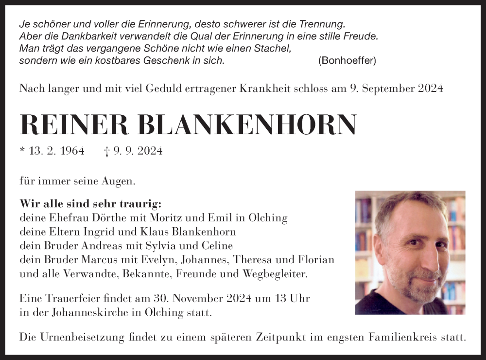  Traueranzeige für Reiner Blankenhorn vom 09.11.2024 aus Bietigheimer Zeitung