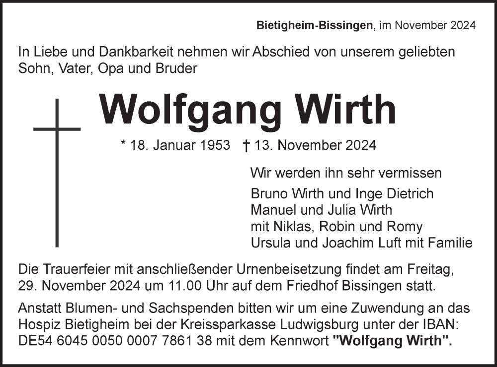  Traueranzeige für Wolfgang Wirth vom 25.11.2024 aus Bietigheimer Zeitung