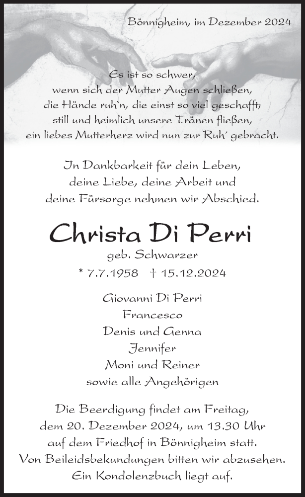  Traueranzeige für Christa Di Perri vom 18.12.2024 aus Bietigheimer Zeitung
