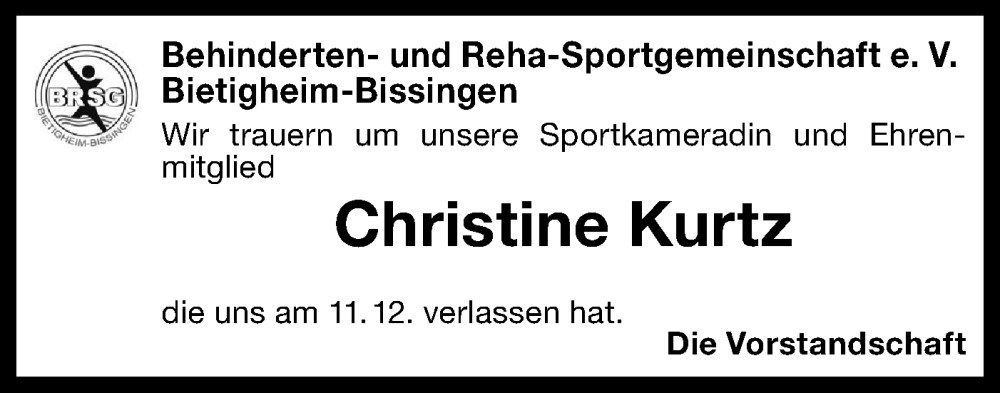  Traueranzeige für Christine Kurtz vom 17.12.2024 aus Bietigheimer Zeitung