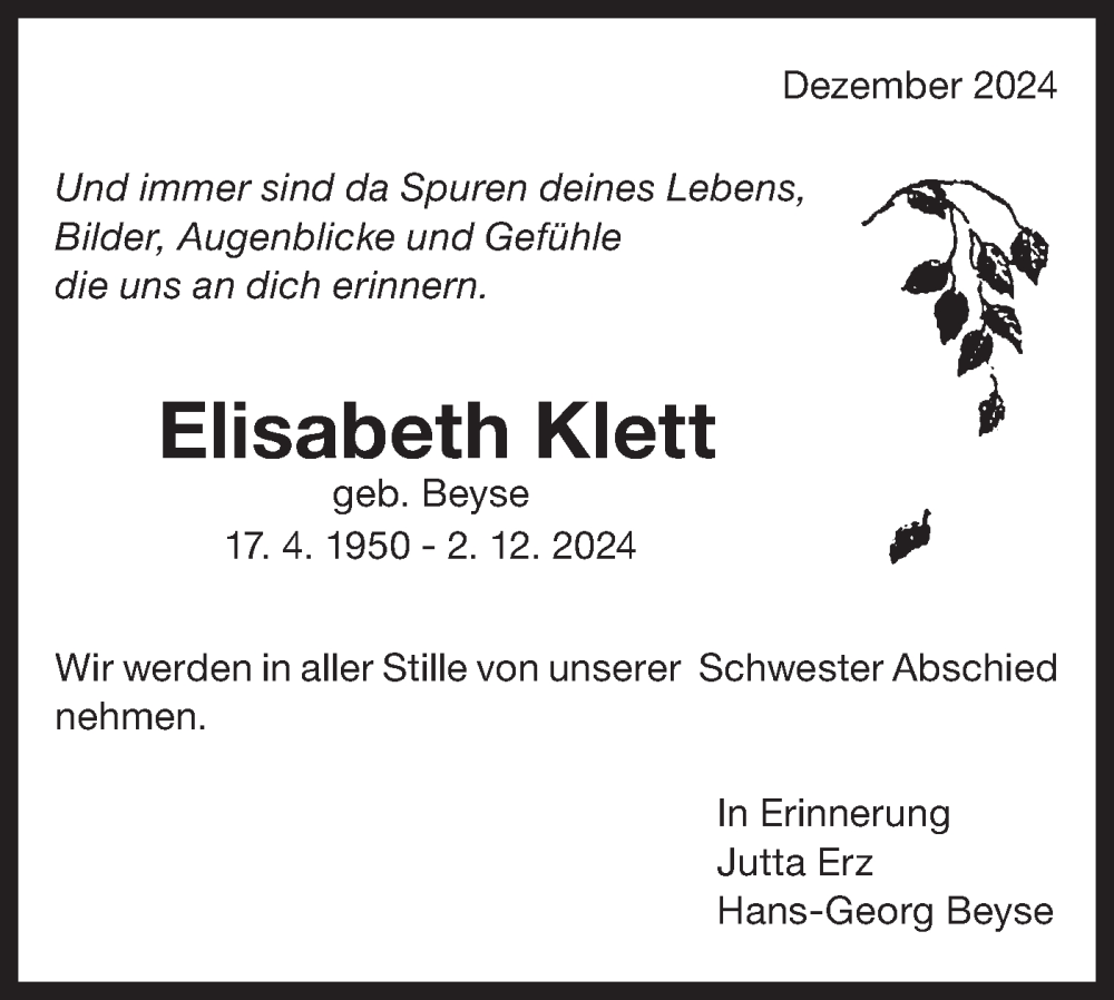  Traueranzeige für Elisabeth Klett vom 14.12.2024 aus Bietigheimer Zeitung