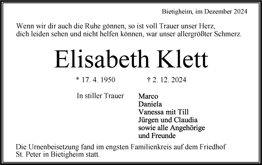  Traueranzeige für Elisabeth Klett vom 19.12.2024 aus Bietigheimer Zeitung