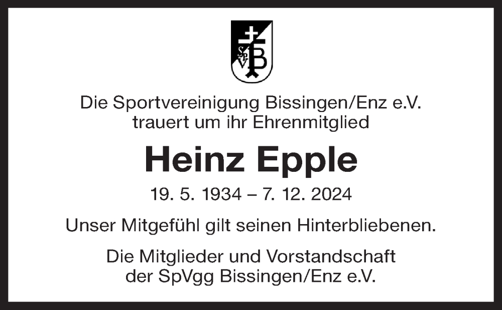  Traueranzeige für Heinz Epple vom 11.12.2024 aus Bietigheimer Zeitung
