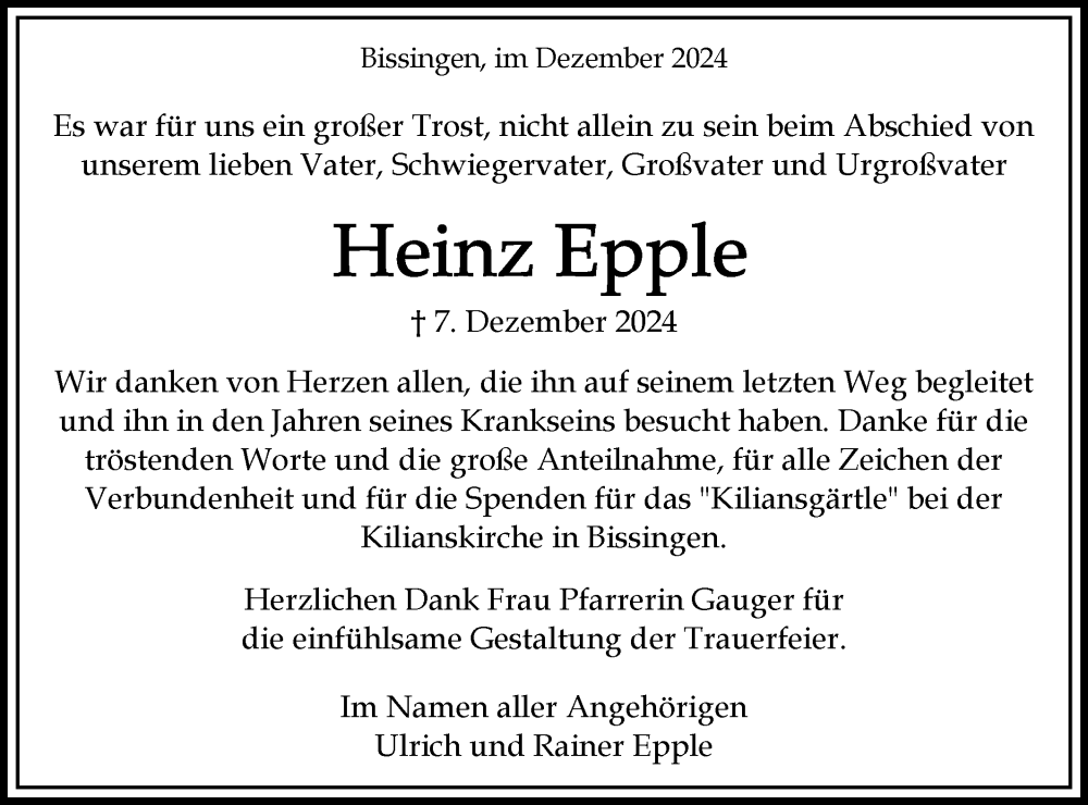  Traueranzeige für Heinz Epple vom 23.12.2024 aus Bietigheimer Zeitung