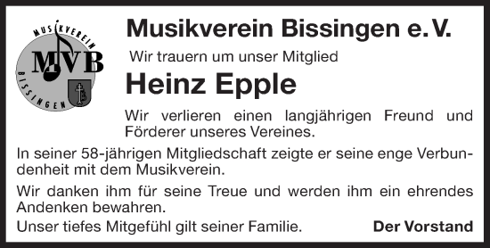 Traueranzeige von Heinz Epple von Bietigheimer Zeitung