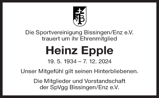 Traueranzeige von Heinz Epple von Bietigheimer Zeitung