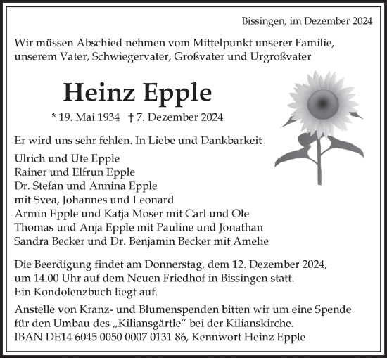 Traueranzeige von Heinz Epple von Bietigheimer Zeitung