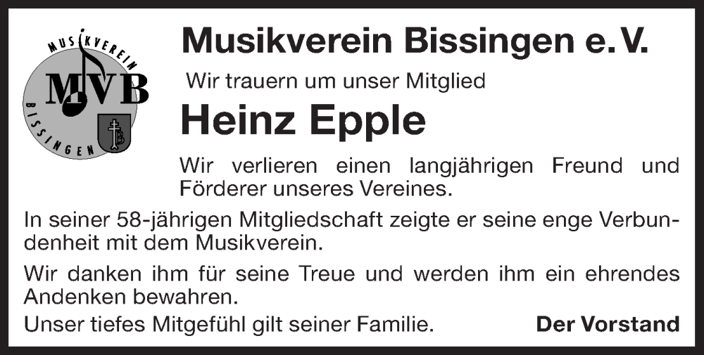  Traueranzeige für Heinz Epple vom 12.12.2024 aus Bietigheimer Zeitung