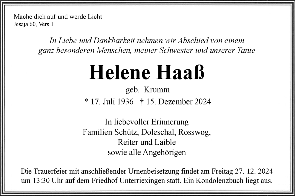  Traueranzeige für Helene Haaß vom 21.12.2024 aus Bietigheimer Zeitung