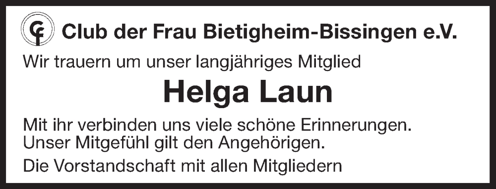  Traueranzeige für Helga Laun vom 11.12.2024 aus Bietigheimer Zeitung