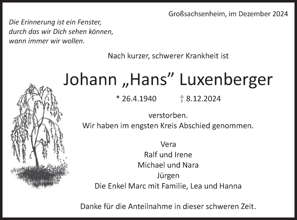  Traueranzeige für Johann Luxenberger vom 21.12.2024 aus Bietigheimer Zeitung
