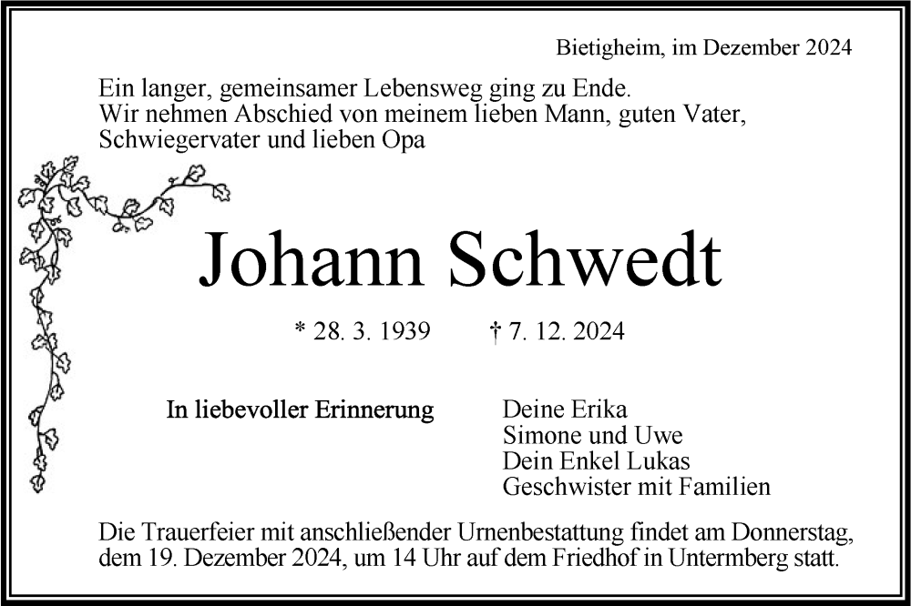  Traueranzeige für Johann Schwedt vom 14.12.2024 aus Bietigheimer Zeitung