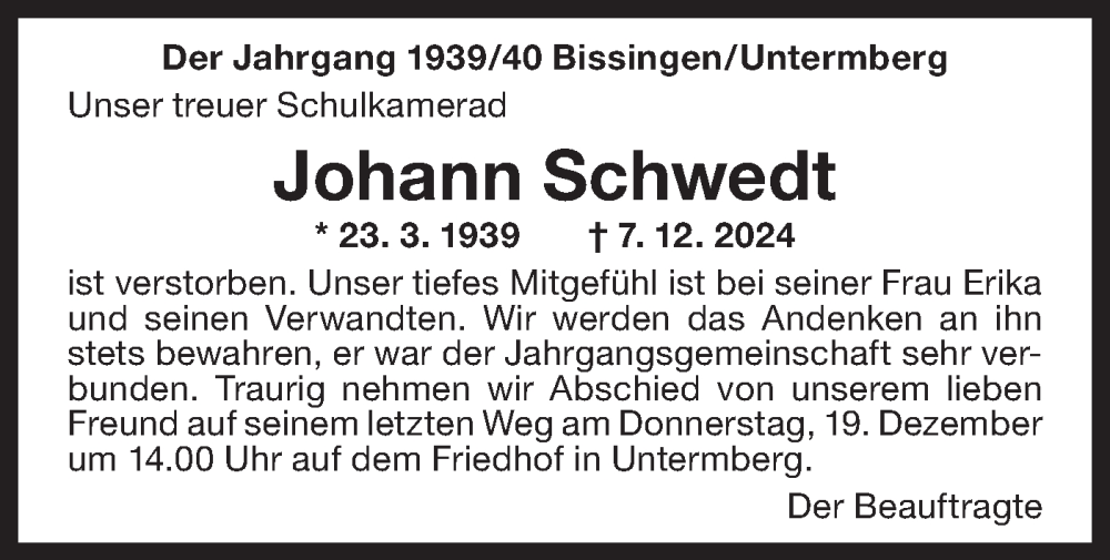  Traueranzeige für Johann Schwedt vom 14.12.2024 aus Bietigheimer Zeitung