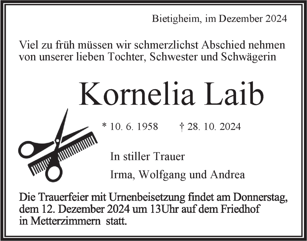  Traueranzeige für Kornelia Laib vom 09.12.2024 aus Bietigheimer Zeitung