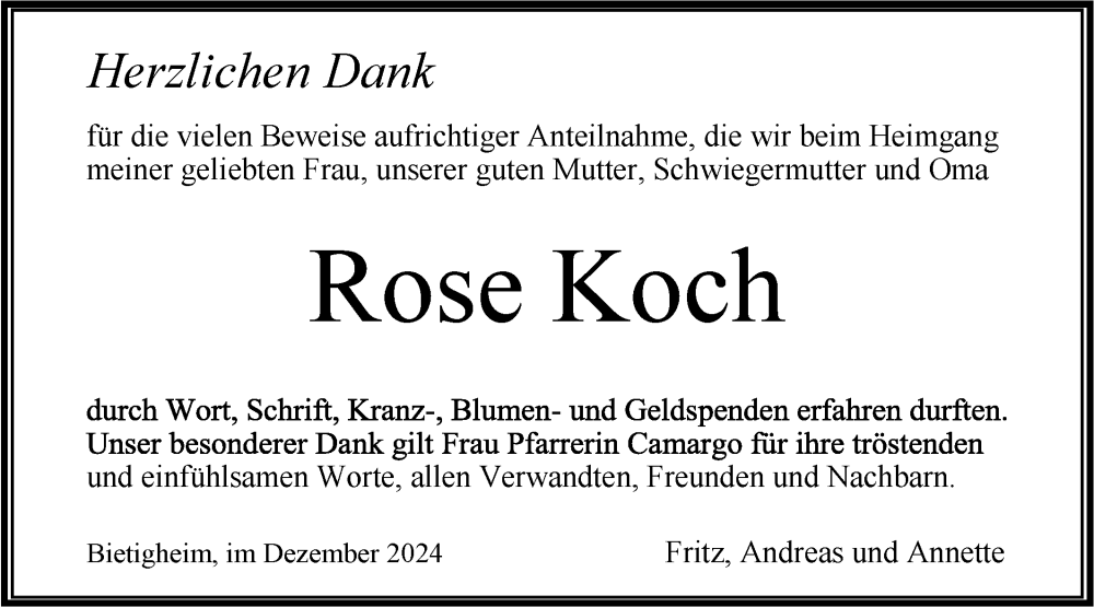  Traueranzeige für Rosemarie Koch vom 27.12.2024 aus Bietigheimer Zeitung
