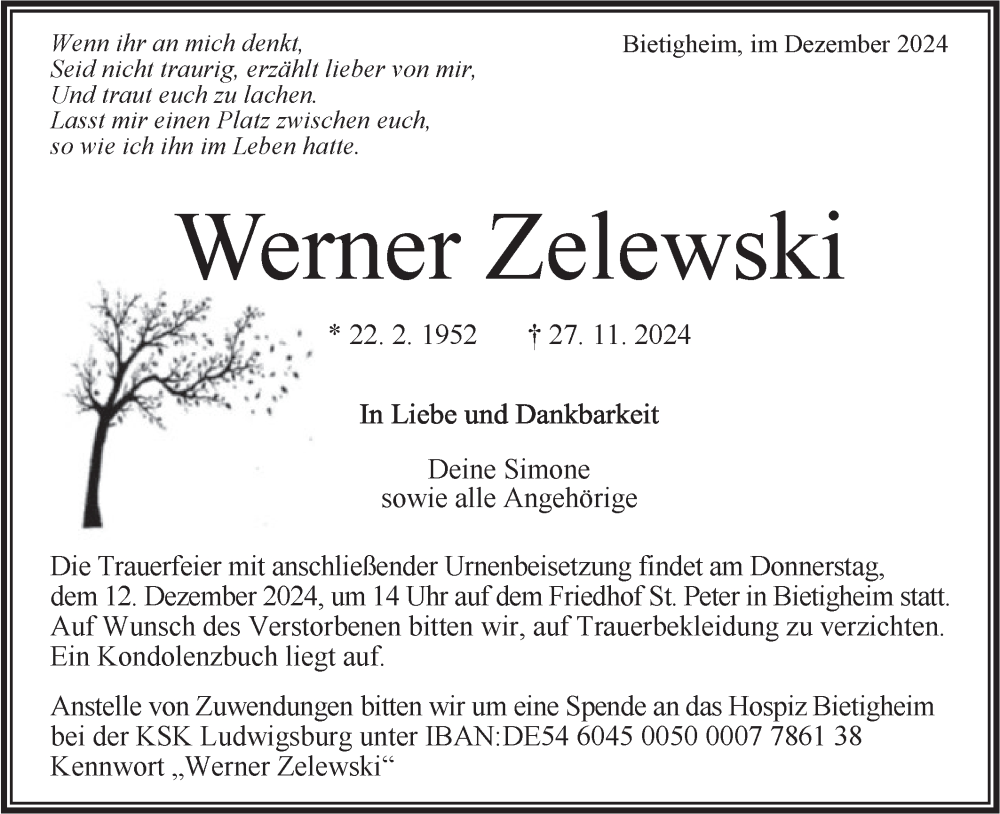  Traueranzeige für Werner Zelewski vom 07.12.2024 aus Bietigheimer Zeitung