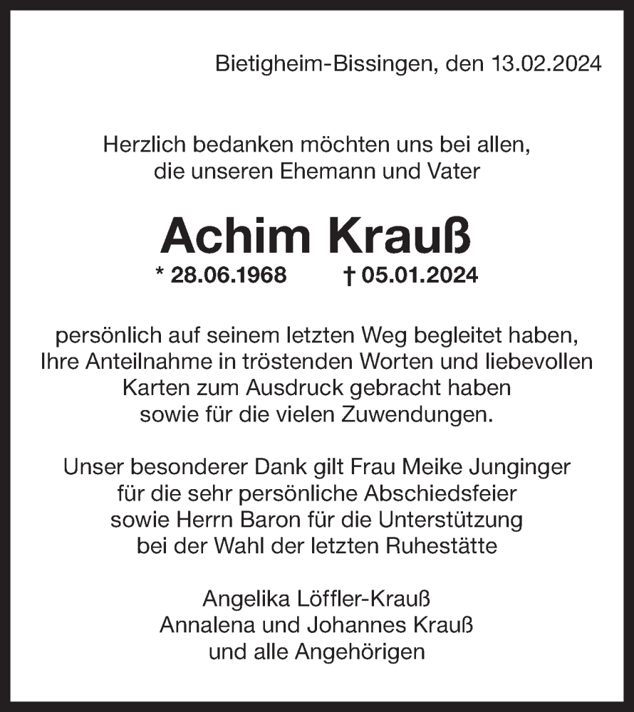  Traueranzeige für Achim Krauß vom 13.02.2024 aus Bietigheimer Zeitung
