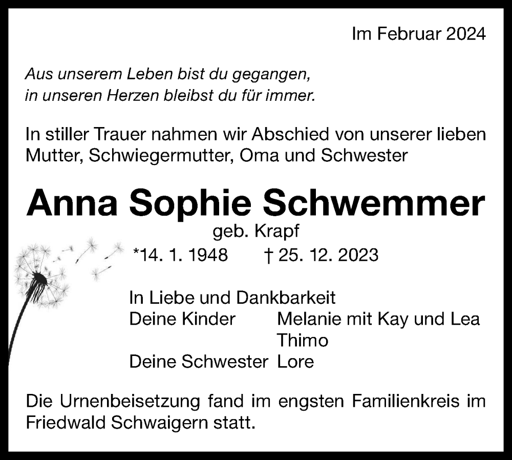  Traueranzeige für Anna Sophie Schwemmer vom 24.02.2024 aus Bietigheimer Zeitung