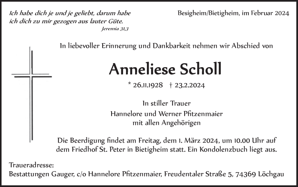  Traueranzeige für Anneliese Scholl vom 27.02.2024 aus Bietigheimer Zeitung