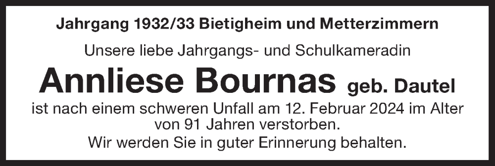  Traueranzeige für Annliese Bournas vom 21.02.2024 aus Bietigheimer Zeitung