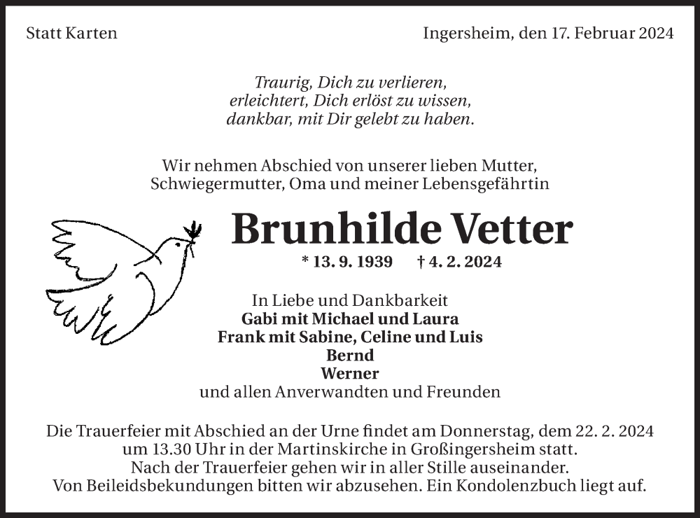  Traueranzeige für Brunhilde Vetter vom 17.02.2024 aus Bietigheimer Zeitung