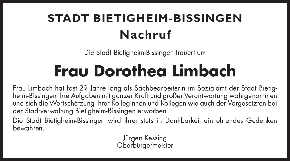  Traueranzeige für Dorothea Limbach vom 20.02.2024 aus Bietigheimer Zeitung