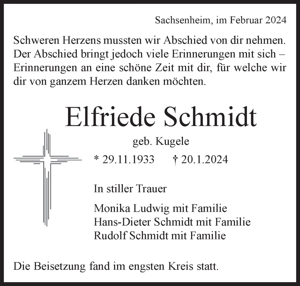  Traueranzeige für Elfriede Schmidt vom 03.02.2024 aus Bietigheimer Zeitung