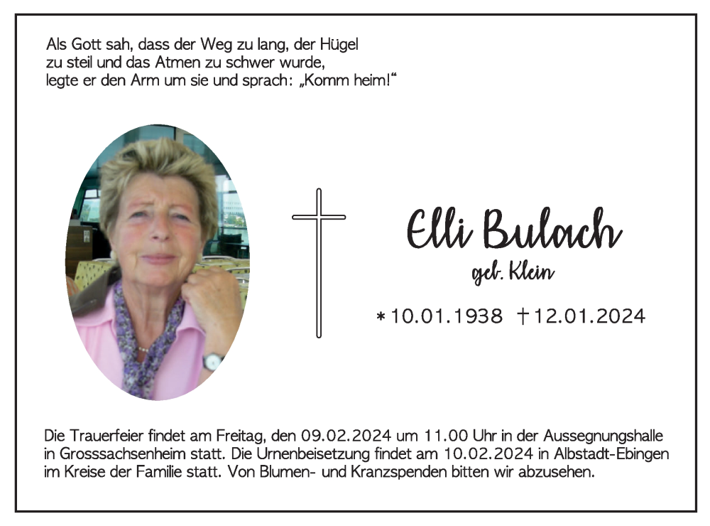  Traueranzeige für Elli Bulach vom 03.02.2024 aus Bietigheimer Zeitung