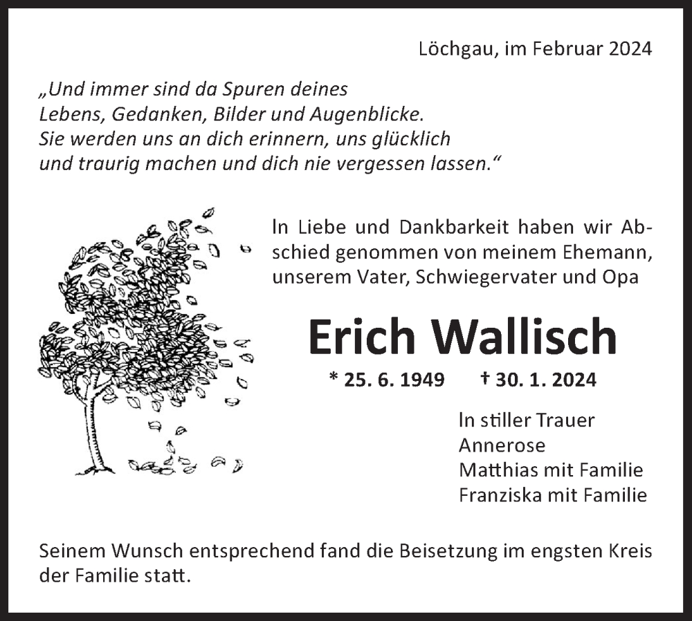  Traueranzeige für Erich Wallisch vom 15.02.2024 aus Bietigheimer Zeitung
