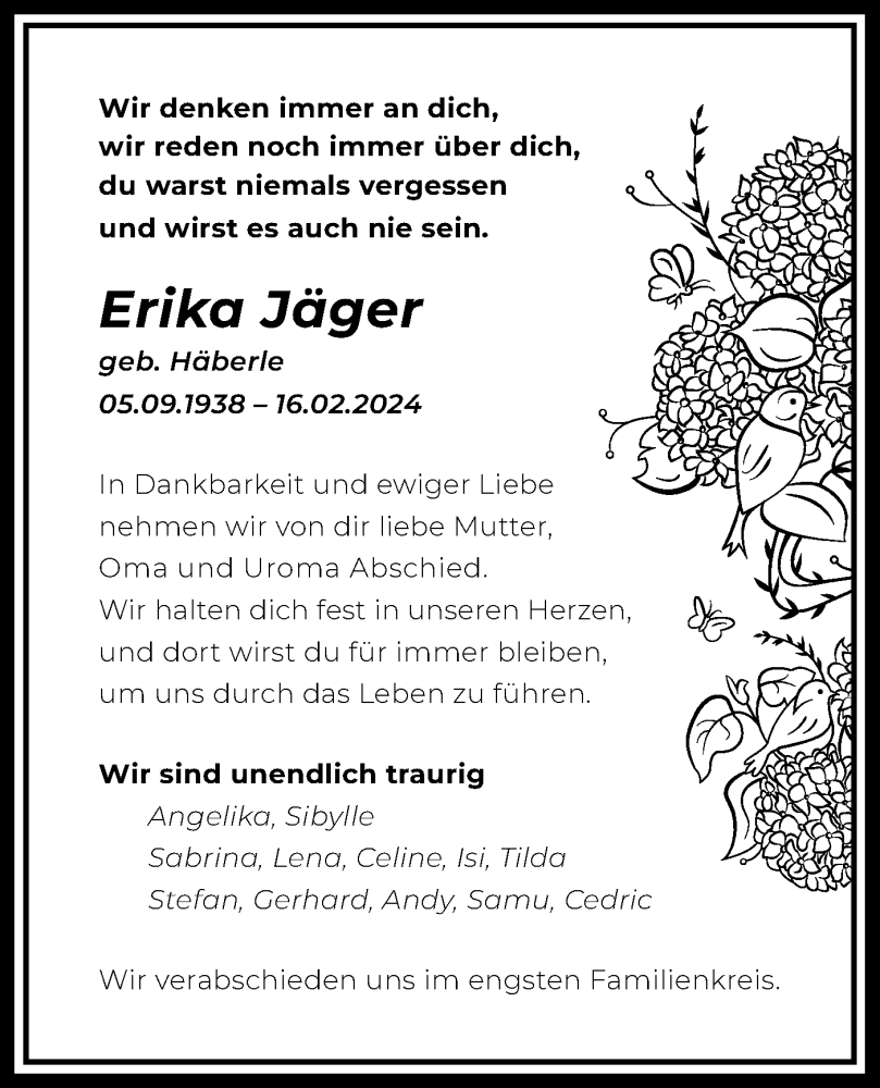  Traueranzeige für Erika Jäger vom 29.02.2024 aus Bietigheimer Zeitung