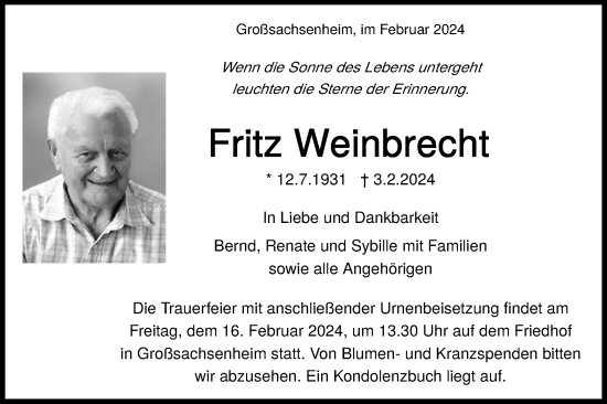 Traueranzeige von Fritz Weinbrecht von Bietigheimer Zeitung
