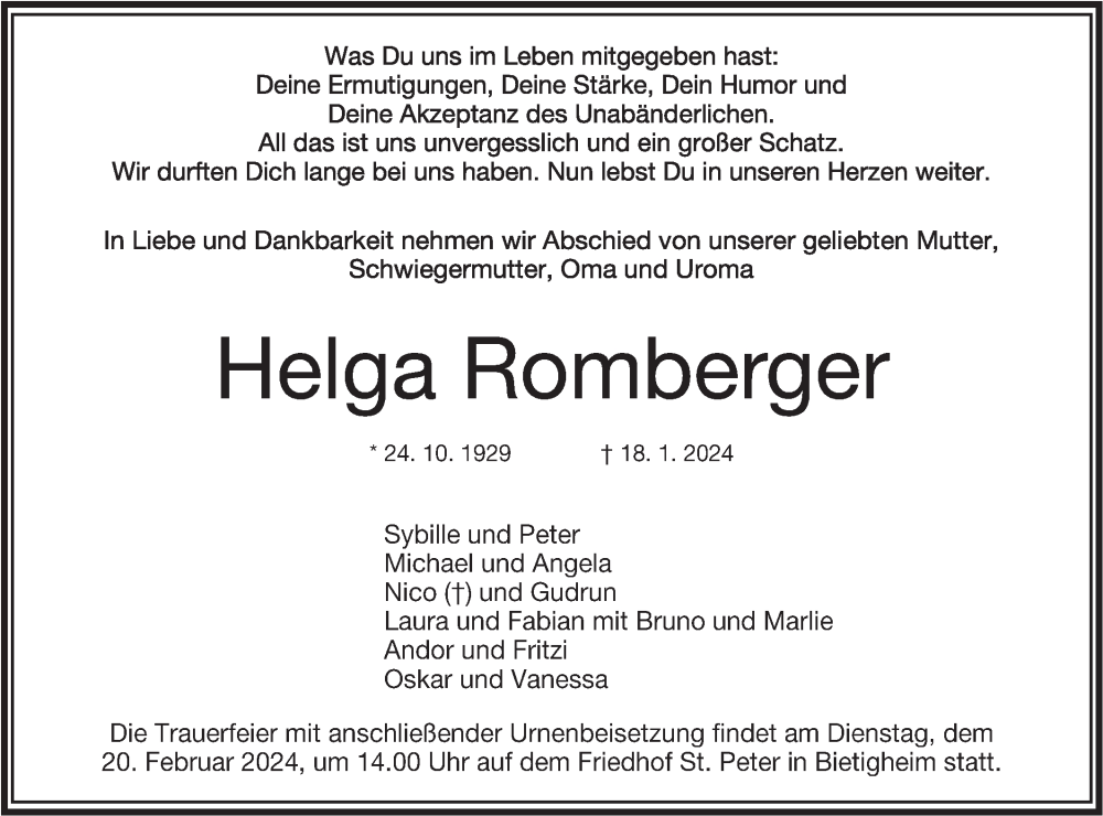  Traueranzeige für Helga Romberger vom 14.02.2024 aus Bietigheimer Zeitung