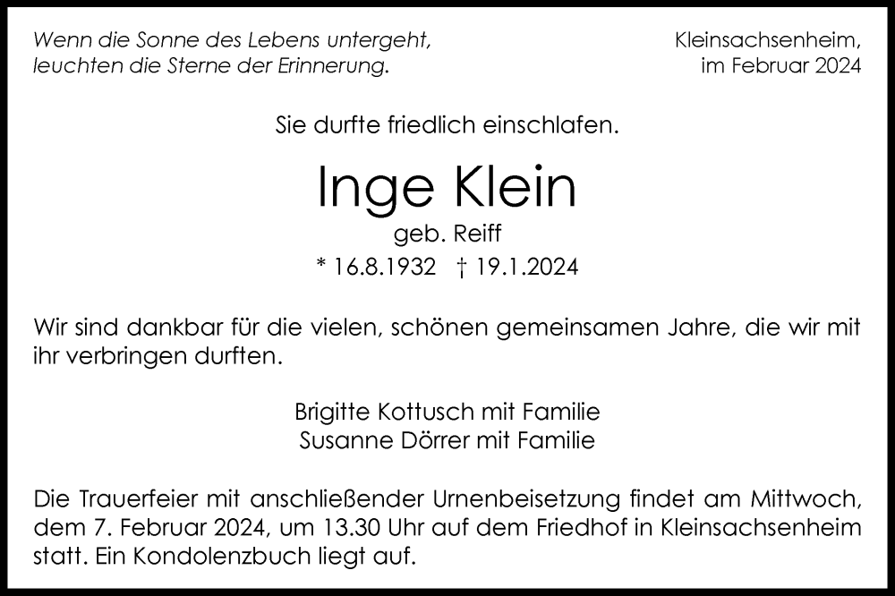  Traueranzeige für Inge Klein vom 03.02.2024 aus Bietigheimer Zeitung