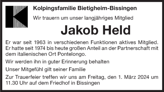 Traueranzeige von Jakob Held von Bietigheimer Zeitung