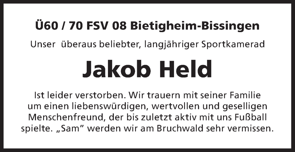  Traueranzeige für Jakob Held vom 27.02.2024 aus Bietigheimer Zeitung