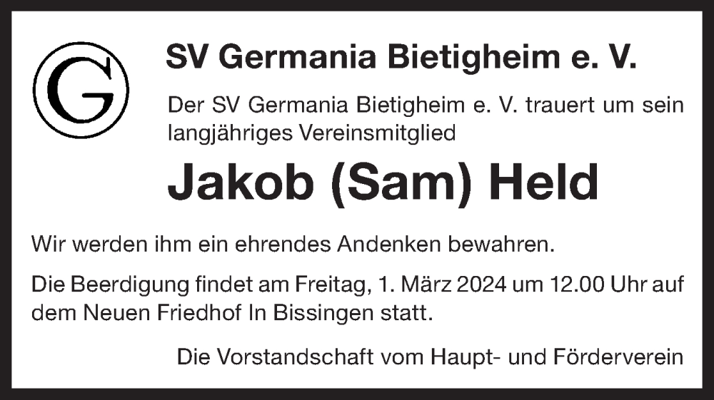  Traueranzeige für Jakob Held vom 28.02.2024 aus Bietigheimer Zeitung