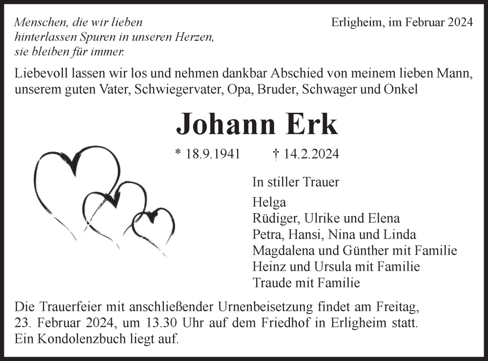  Traueranzeige für Johann Erk vom 20.02.2024 aus Bietigheimer Zeitung
