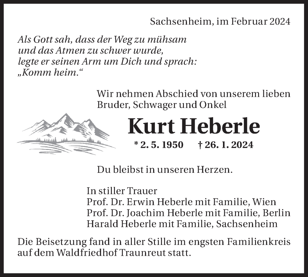 Traueranzeige für Kurt Heberle vom 24.02.2024 aus Bietigheimer Zeitung