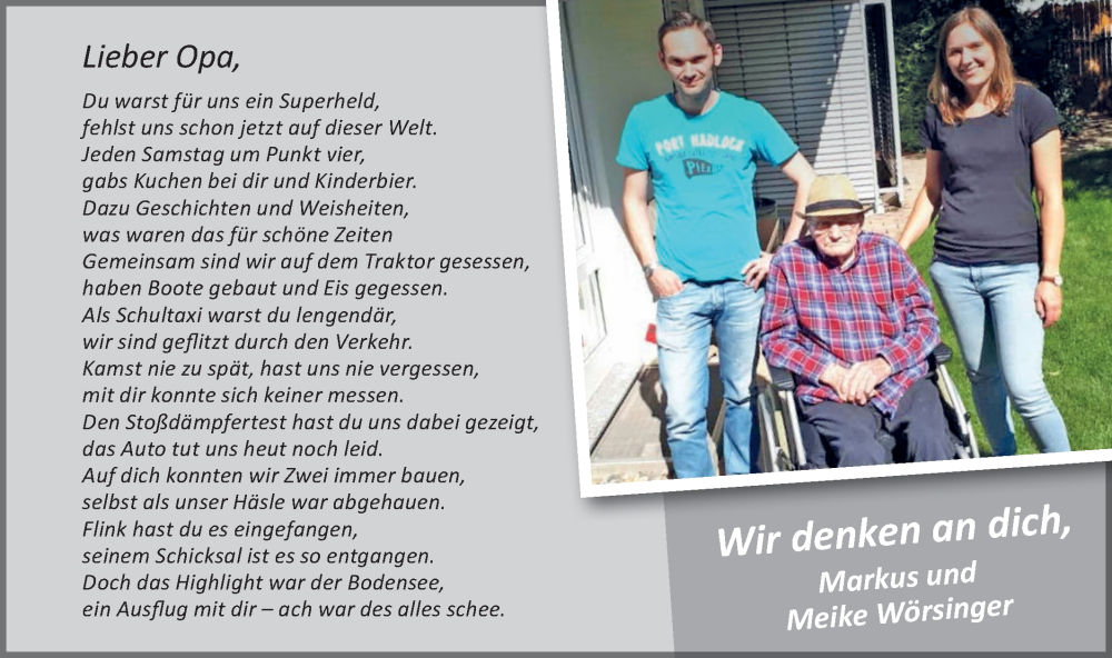  Traueranzeige für Lieber Opa  vom 16.02.2024 aus Bietigheimer Zeitung