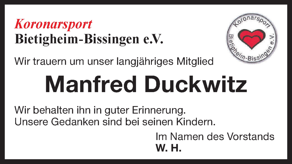  Traueranzeige für Manfred Duckwitz vom 14.02.2024 aus Bietigheimer Zeitung