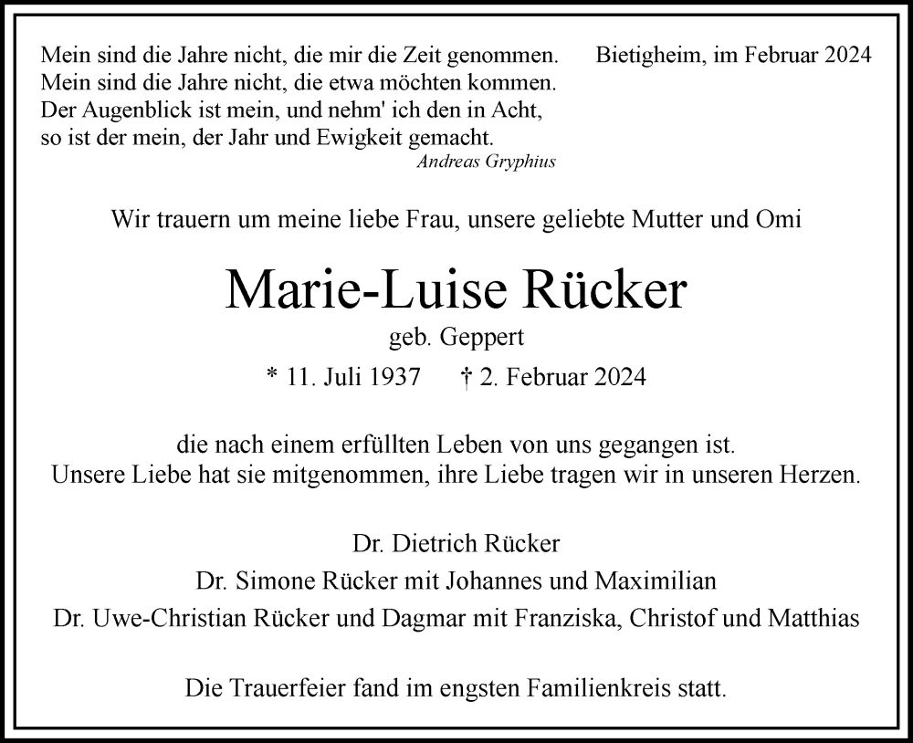  Traueranzeige für Marie-Luise Rücker vom 14.02.2024 aus Bietigheimer Zeitung