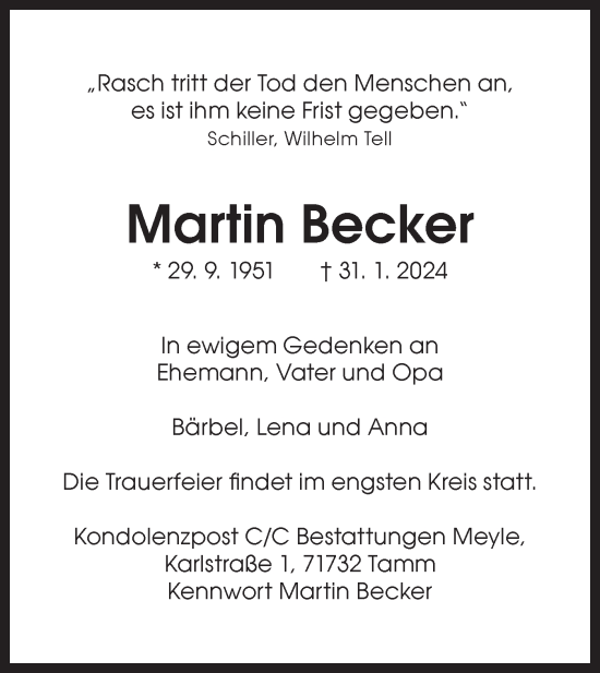 Traueranzeige von Martin Becker von Bietigheimer Zeitung