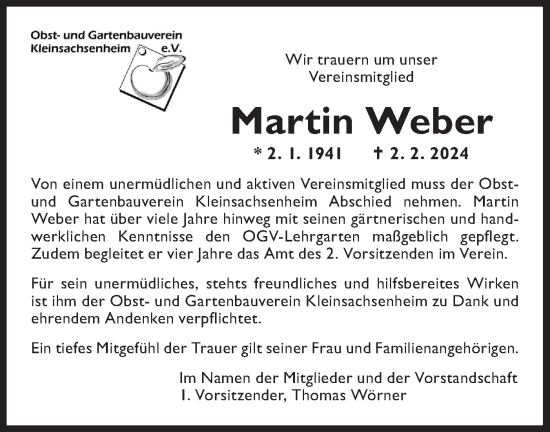 Traueranzeige von Martin Weber von Bietigheimer Zeitung